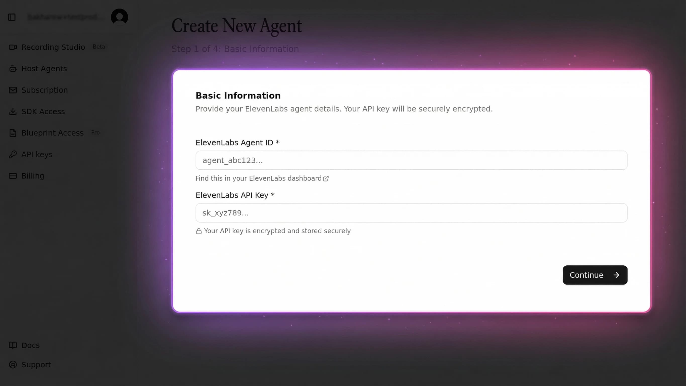 MascotBot Create New Agent — Step 1 of 4 showing Agent ID and API Key configuration fields