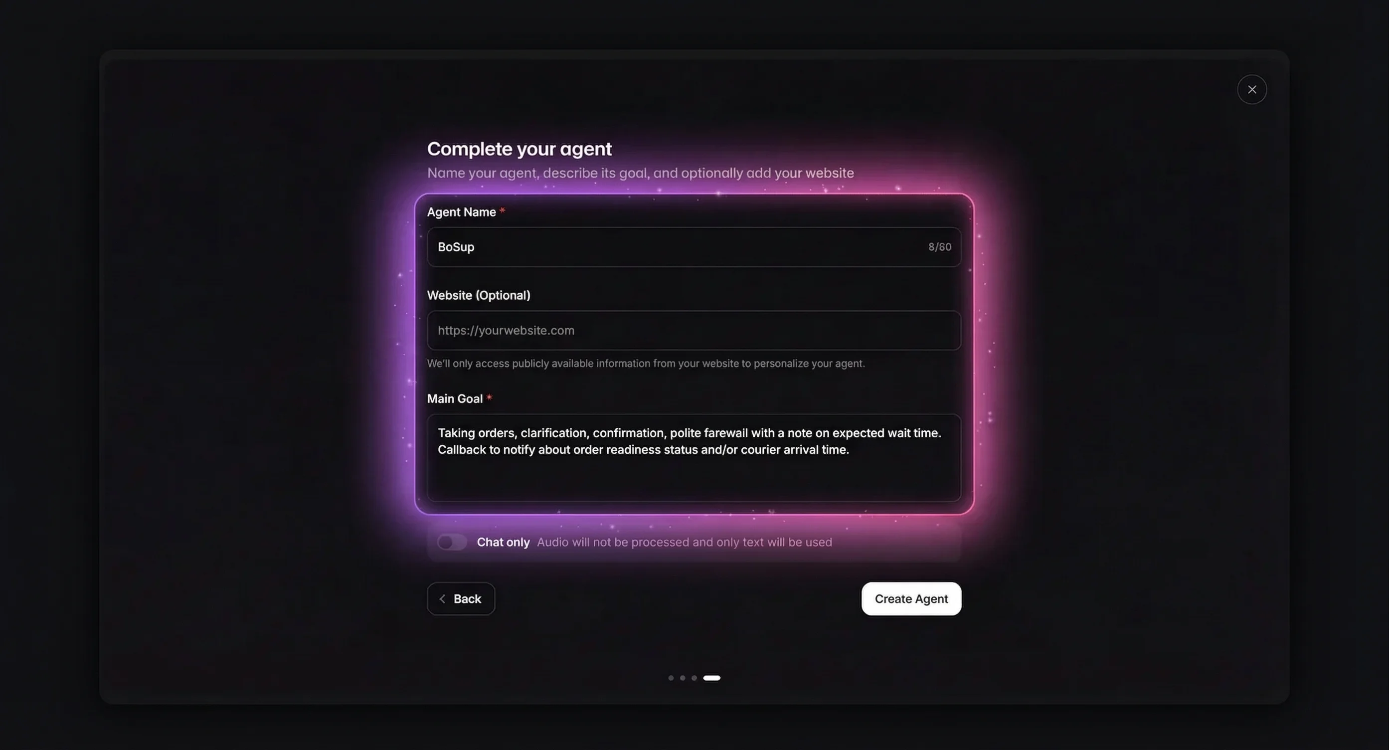 Complete your agent — name it and describe its main goal