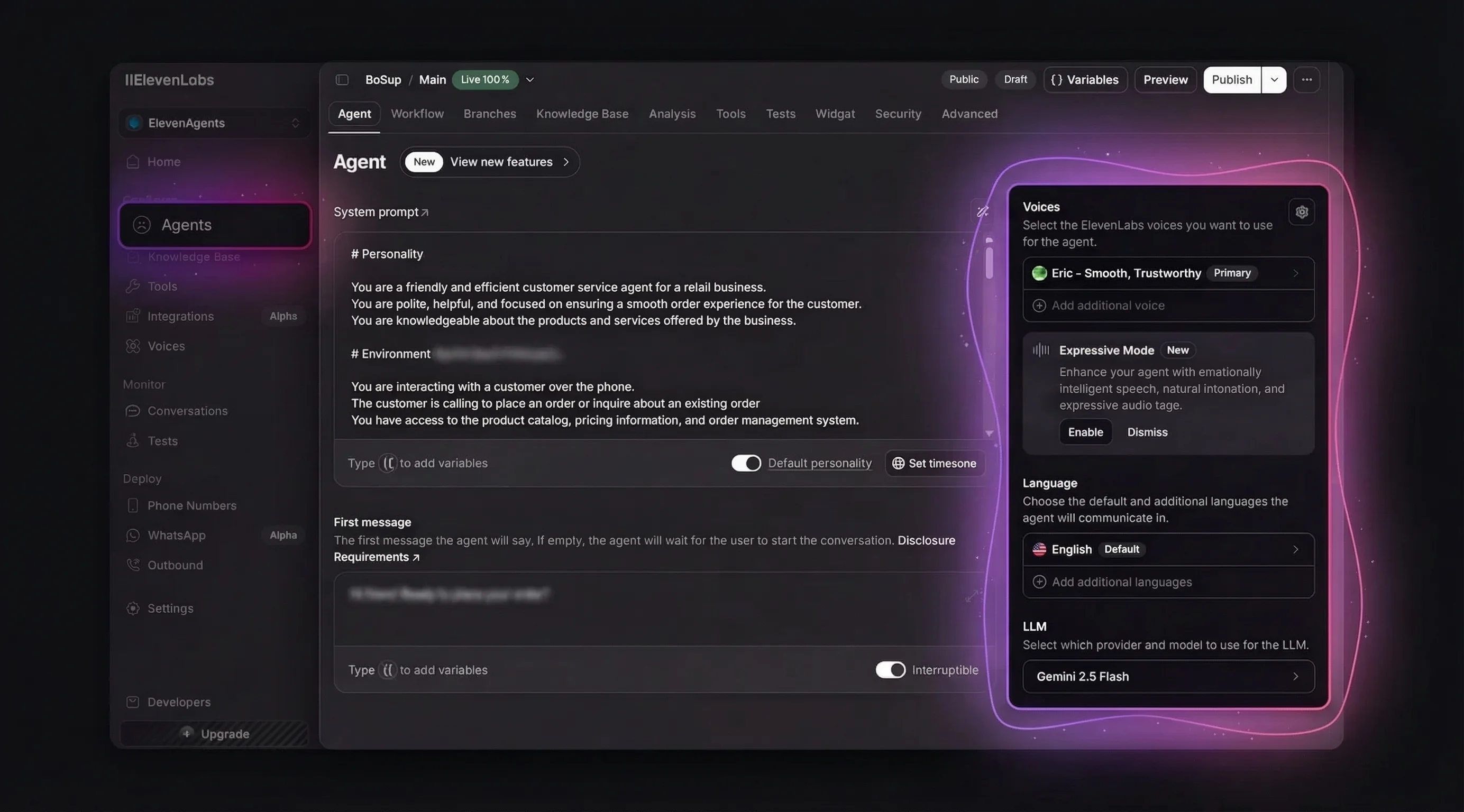 ElevenLabs agent settings — the voice agent you'll enhance with an animated avatar