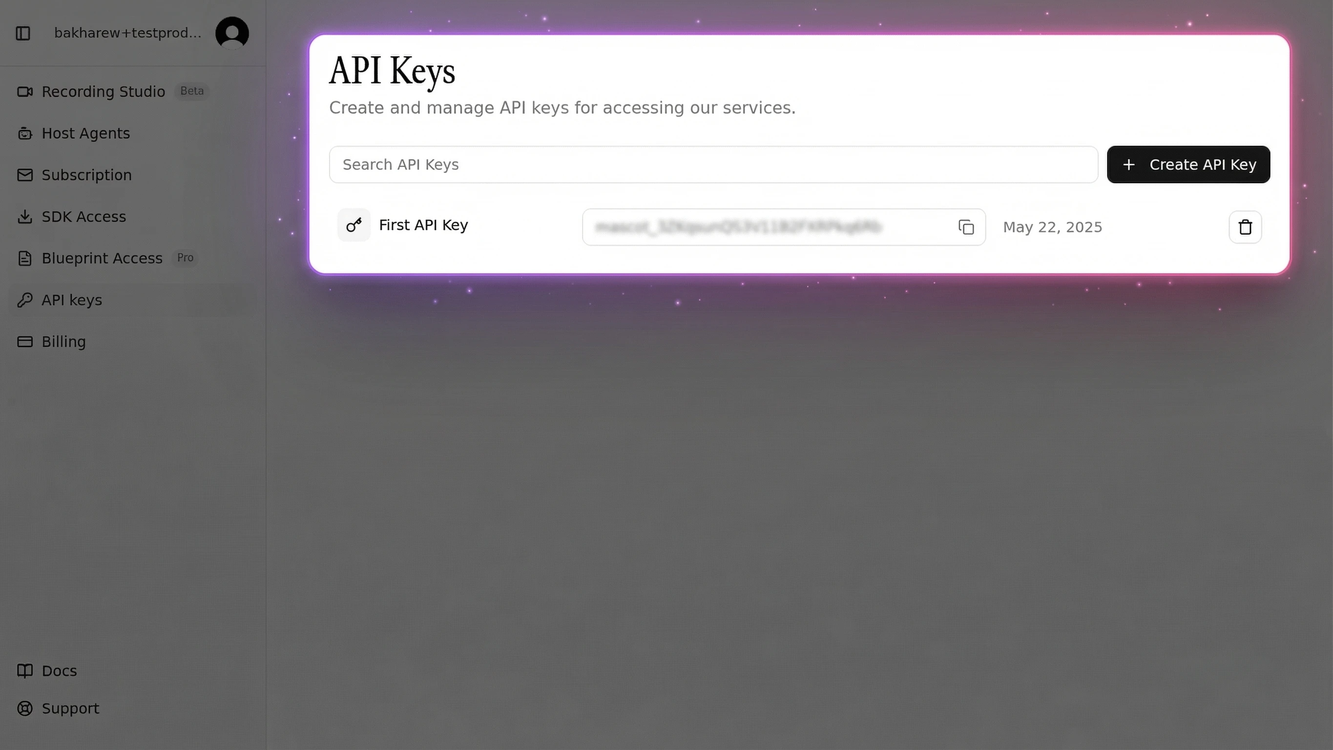Mascot Bot API Keys page — click API keys in the sidebar, then copy your key