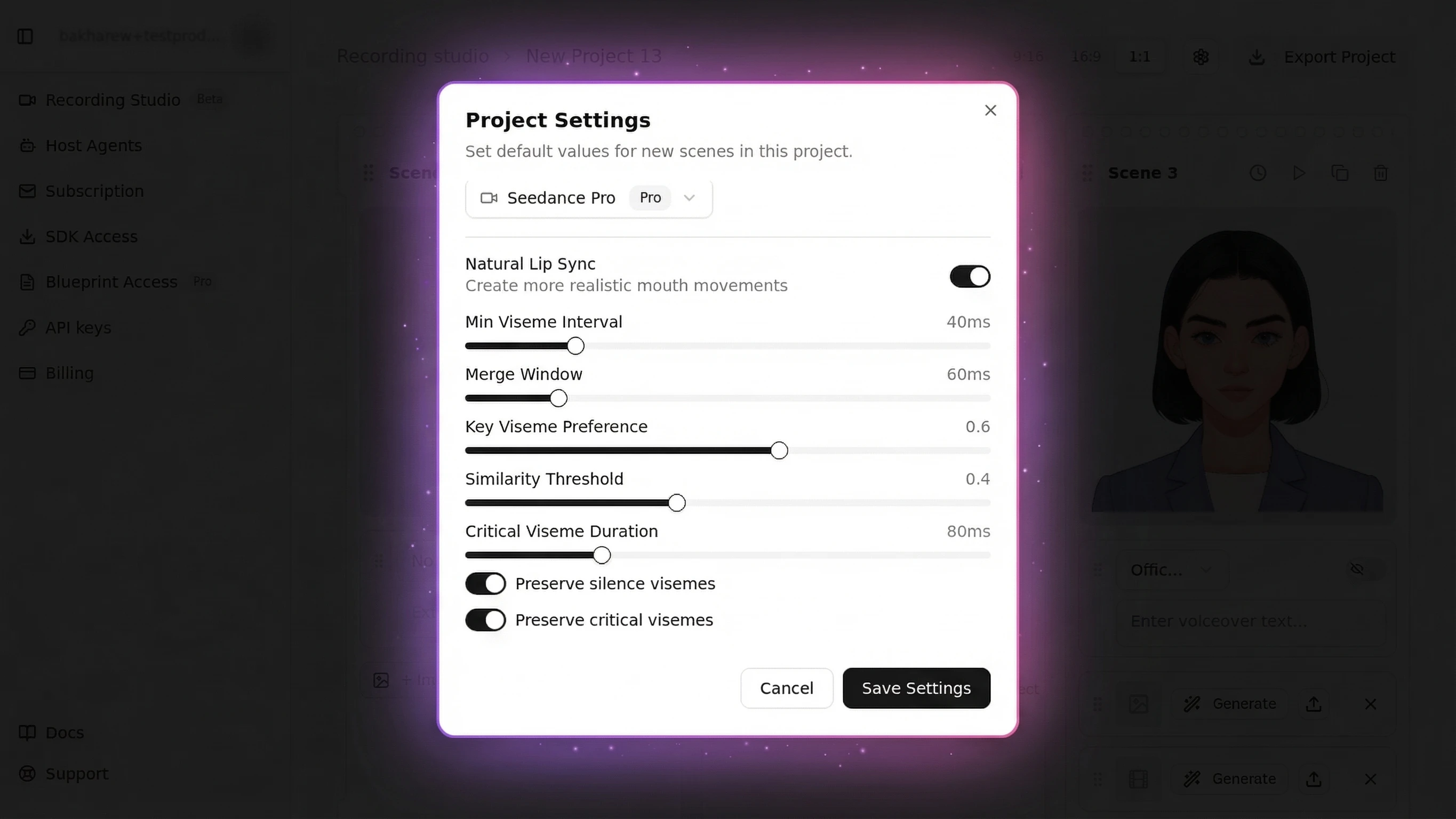 MascotBot lip sync settings — Natural Lip Sync toggle, viseme interval, merge window and threshold controls