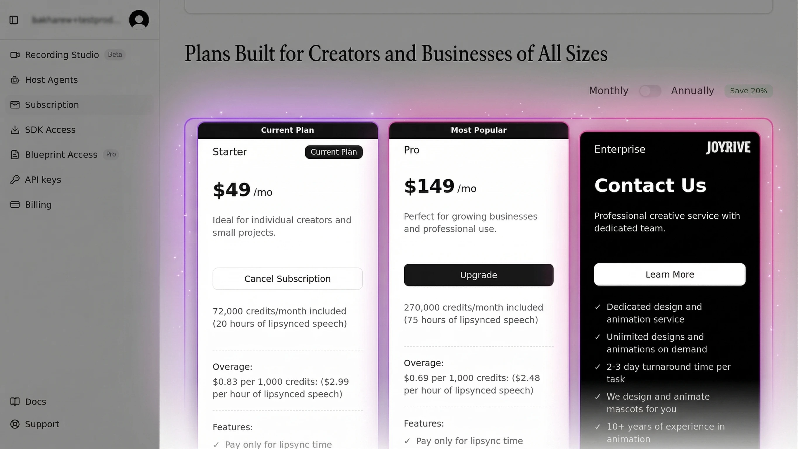 MascotBot subscription plans — Starter $49/mo, Pro $149/mo with Rive File Setup Guide, and Enterprise with dedicated design team