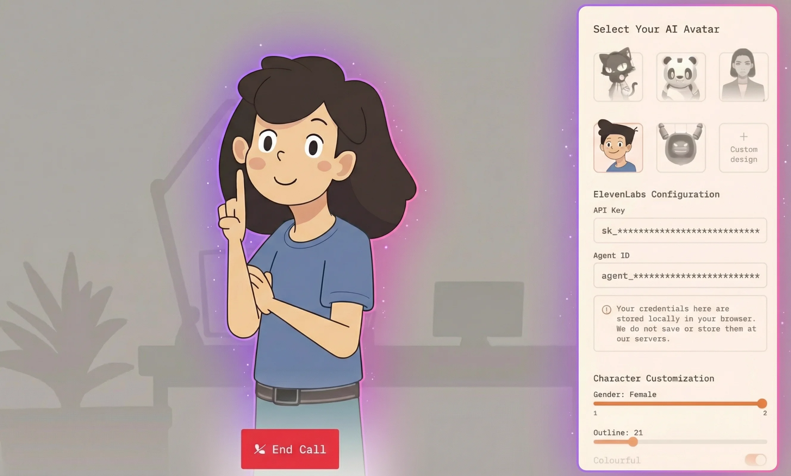 Avatar SDK demo — talking 2D mascot with real-time lip sync, avatar selection panel and ElevenLabs configuration
