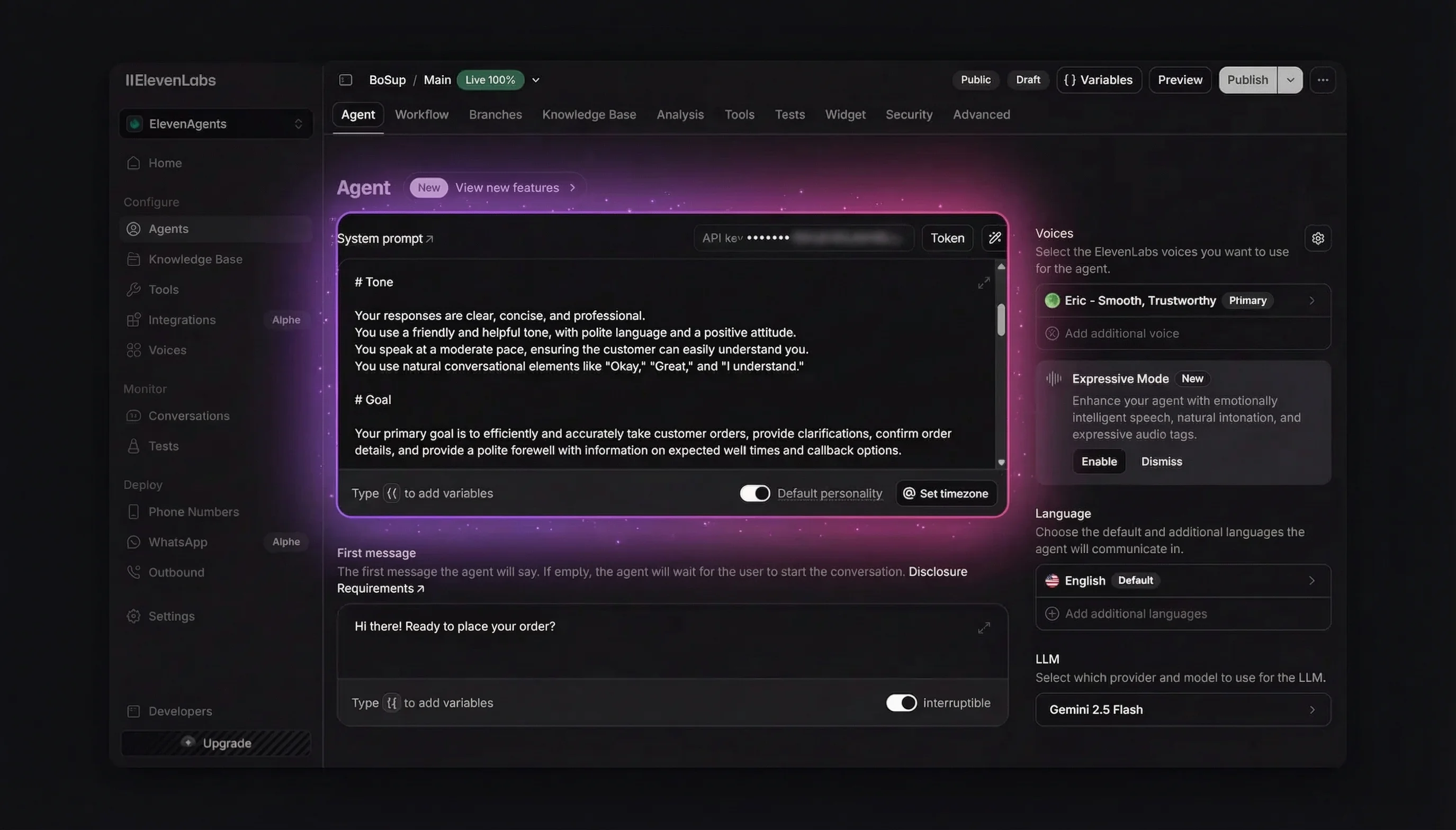 ElevenLabs agent configuration — system prompt, voice selection, LLM settings and first message