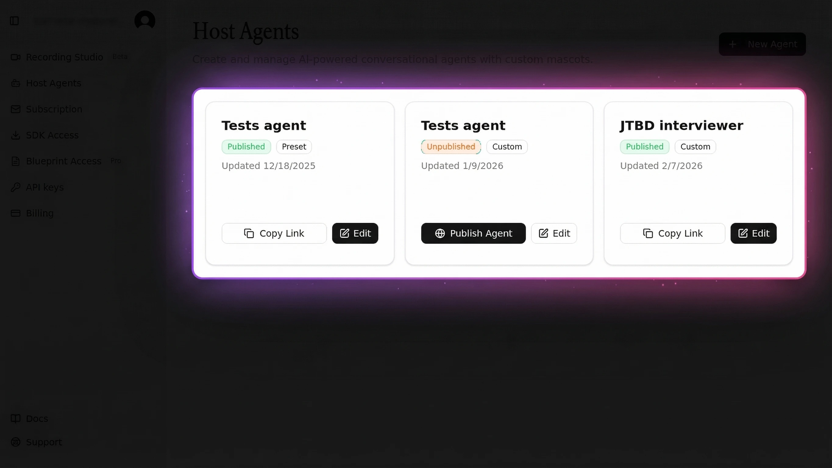 MascotBot Host Agents dashboard — three agent cards showing Published, Unpublished and Custom statuses with Edit and Publish controls