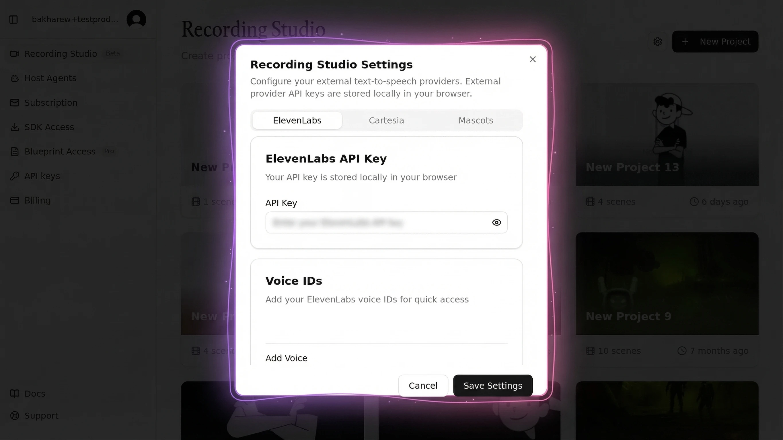 MascotBot Recording Studio Settings — ElevenLabs API Key configuration and Voice IDs setup