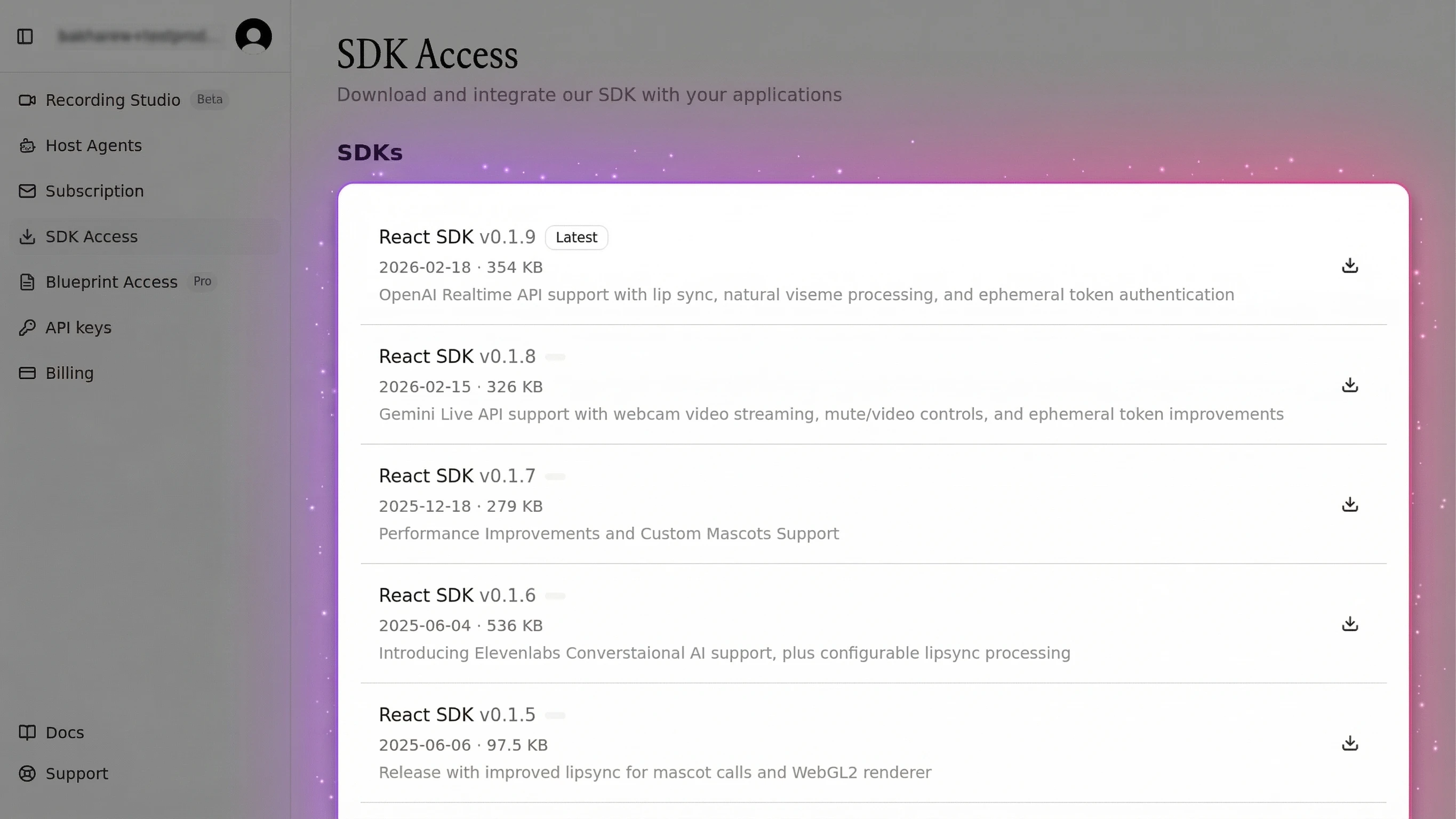MascotBot SDK Access page — React SDK versions list with download links