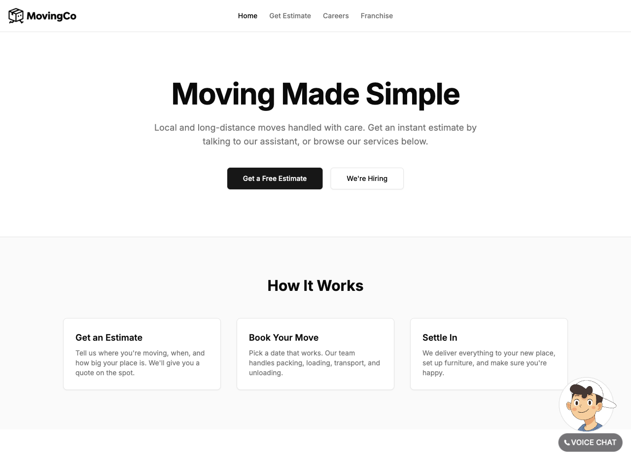 MovingCo live demo homepage — multi-page React website with a persistent voice AI agent in the bottom-right corner